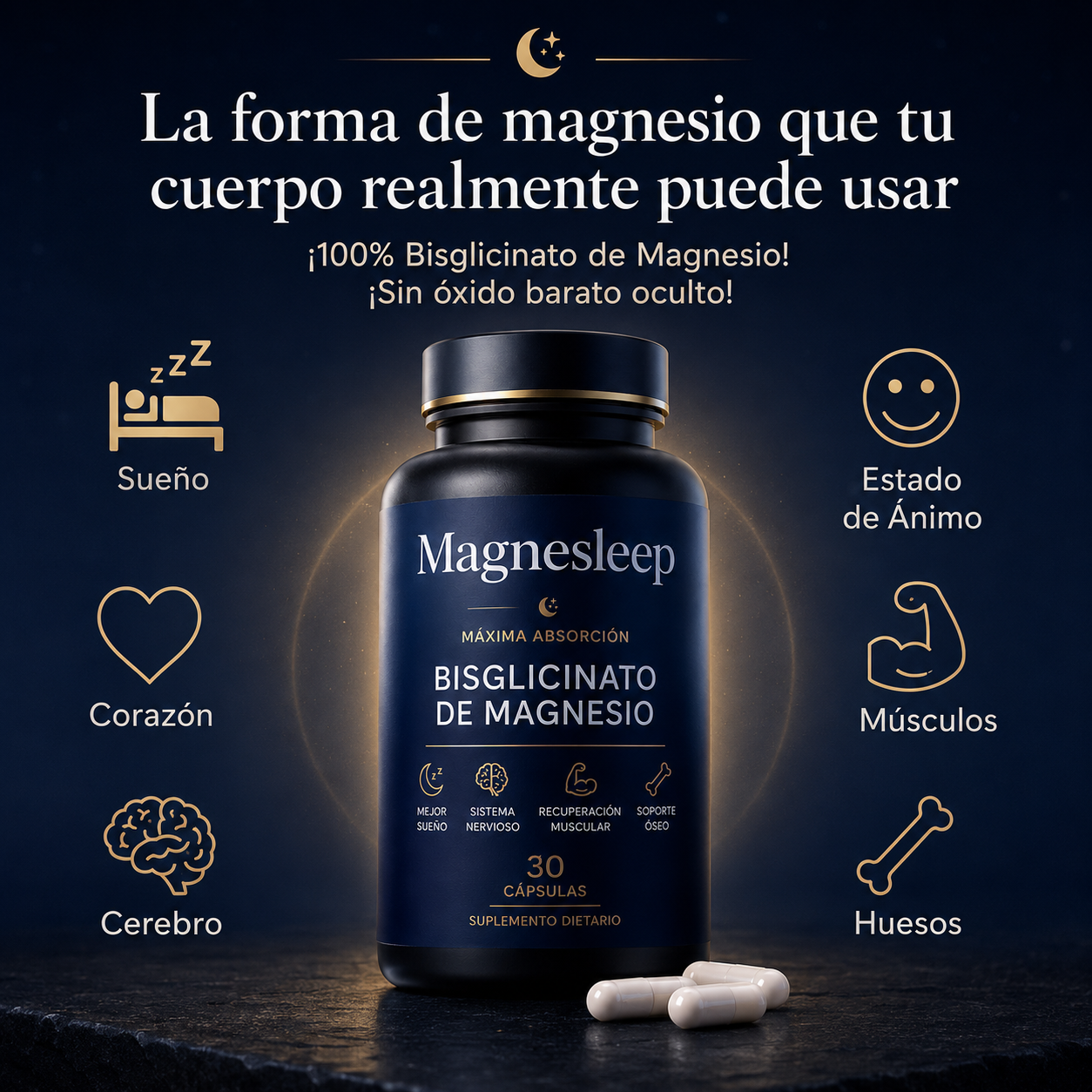 Magnesleep® - Cápsulas de Magnesio Bisglicinato para Sueño Profundo.
